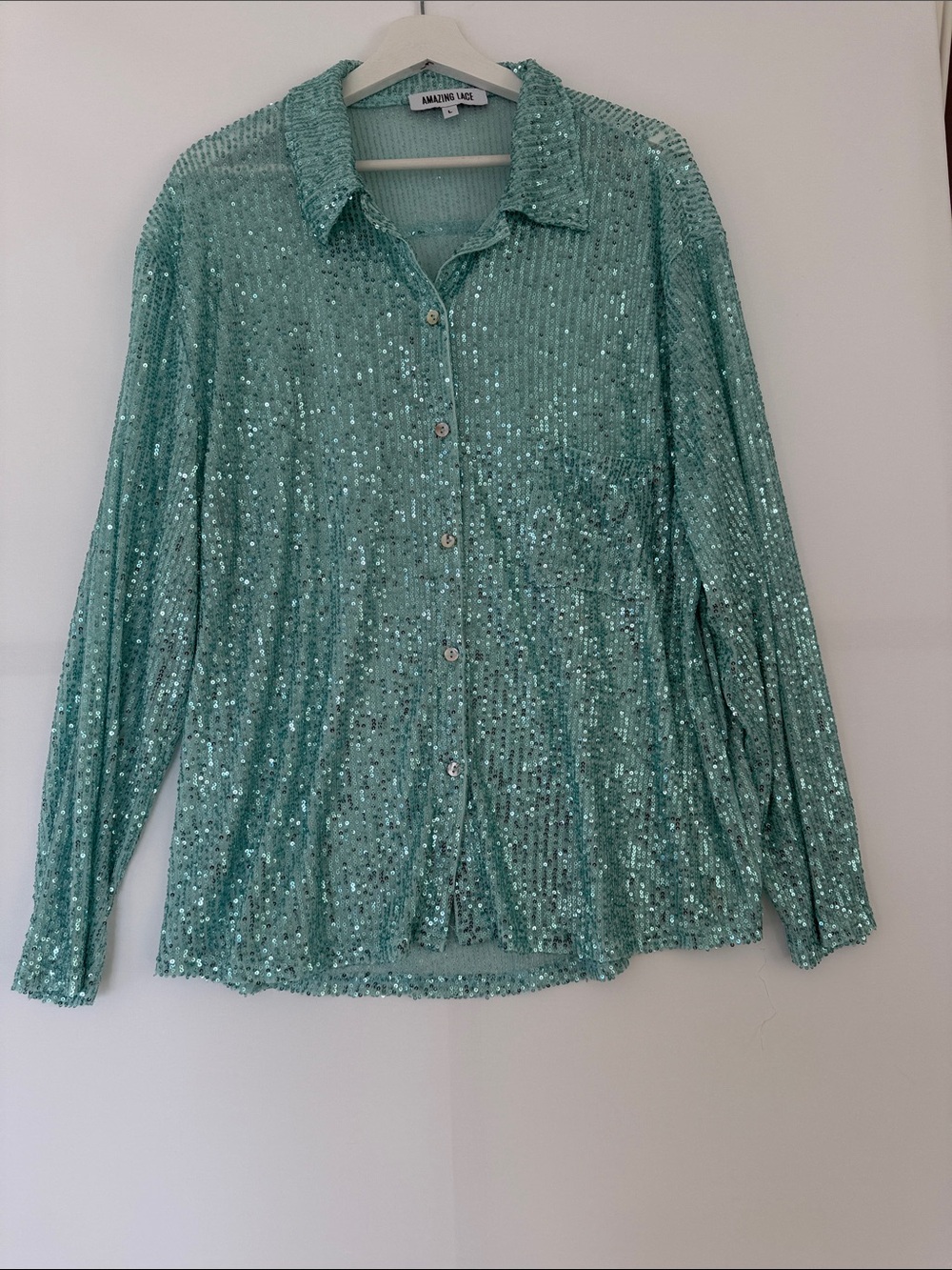 Amazing Lace Mint Sequin Button-Down Blouse